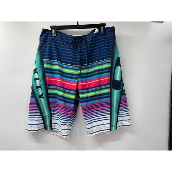 Oakley Y2K Men's Blue Colorful Striped Swim Trunks Shorts Sz 34 Retro Beachwear - Picture 1 of 8